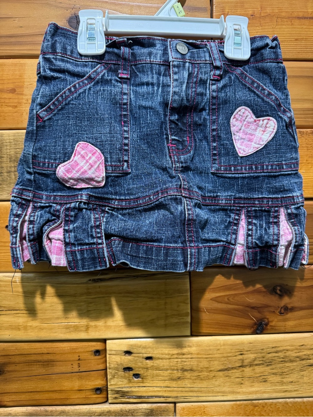 Girls Denim Skirt with Pink Heart Appliqués
